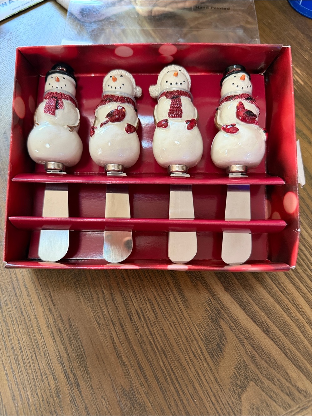 St. Nicholas Square White Snowman Cheese Spreaders with Red Accents